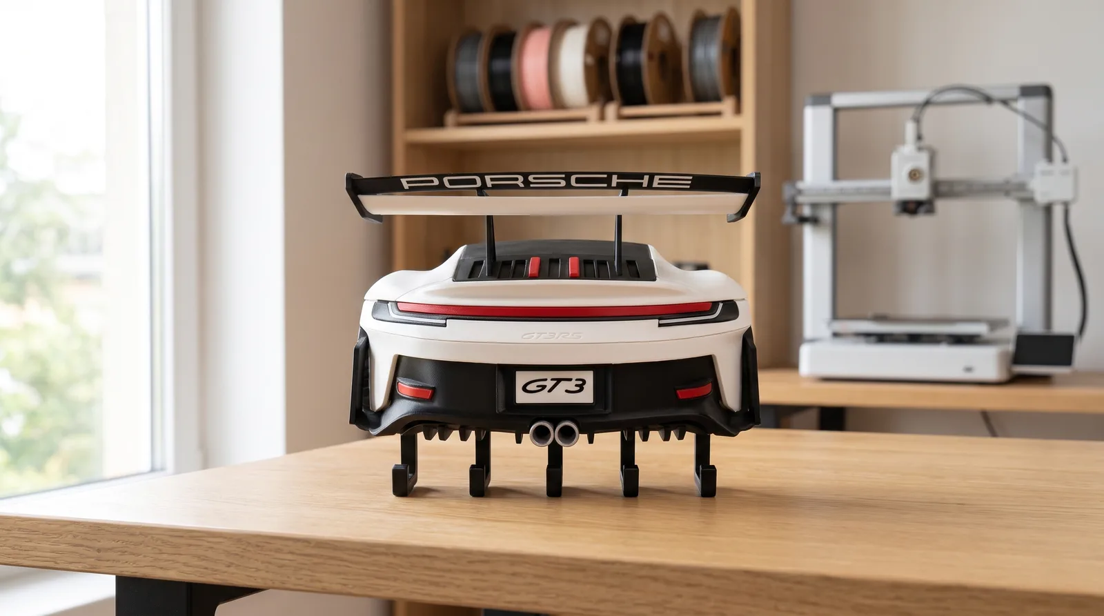 Porta-chaves GT3 em PLA branco, só a traseira do carro, numa bancada de carvalho do estúdio com a impressora 3D ao fundo